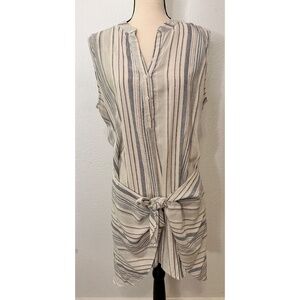 Drew Anthropologie Button Down Tie Front Linen Blend Stripe Dress, Lg